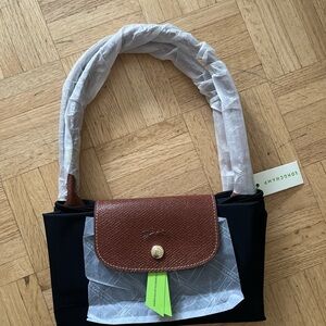 Longchamp Black Nylon Tote with Brown Leather Flap